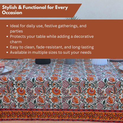 Handblock Print Cotton Tablecloth – 72x108 Rectangle Table Cover Seats 6–8 – Indian Block Printed Floral Dining Table Linen – Boho Washable Cloth for Kitchen, Party, Outdoor (Orange)