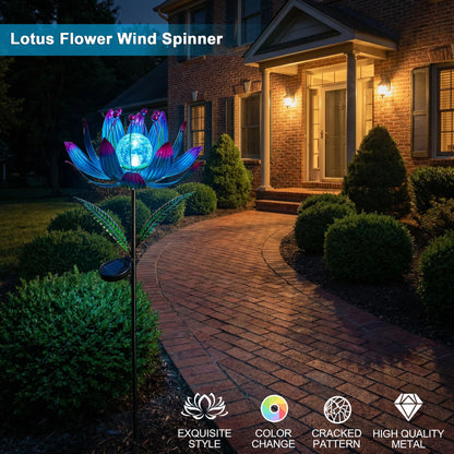 Solar Wind Spinner Outdoor Metal - Kinetic Lotus Flower Garden Sculptures & Spinners with Crackle Glass Lighting, 360° Spinning Yard Art Decor for Patio, Lawn, Pathway, Gifts for Women