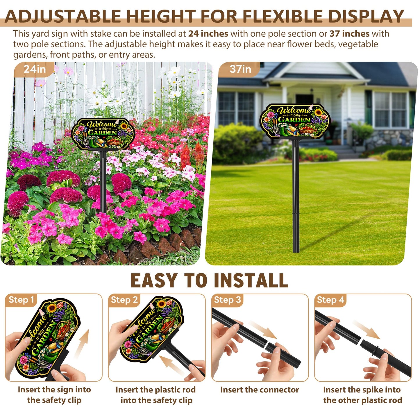 Welcome to My Garden Sign Outdoor Decor, 10x5 Inch Adjustable 24" & 37" Height Aluminum Garden Yard Sign with Stake, UV Printed Metal Garden Sign for Lawn Fence Wall, Gift for Gardeners