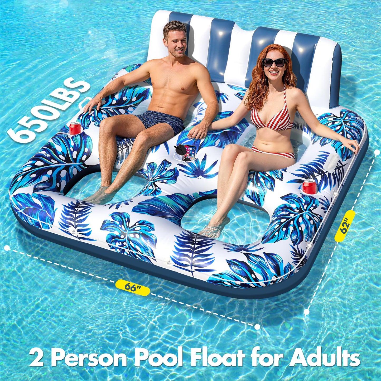 Sinbyuer 2 Person Inflatable Pool Floats Adult, 66x62 Inch Pool Lounger Float with Cup Holders & Backrest, 0.4mm Thickened Pool Float Recliner Pool Rafts, Floating Pool Chair Water Floaties for Adults
