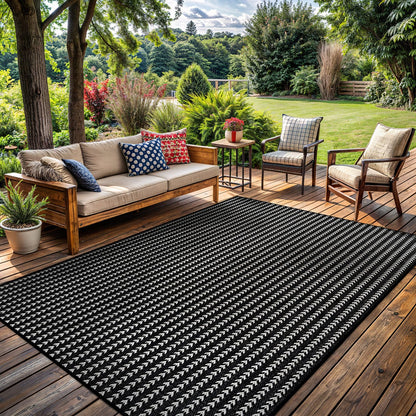 Washable Outdoor Rug 6x9 Modern Area Rugs Outdoor Carpets Striped Pattern Non Shedding Waterproof Easy Clean Patio Deck Porch Living Room Bedroom Garden RV (6 X 9 Black)