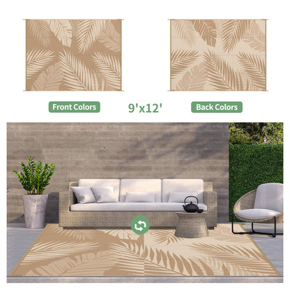 GENIMO Outdoor Rug 9' x 12' Waterproof for Patios Clearance, Reversible Outdoor Plastic Straw Camping Rug Carpet, Large Area Rugs Mats for RV, Camper, Deck, Balcony, Porch, Beach, Picnic, Brown&Beige