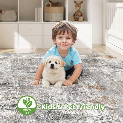 LOONGRUG 9x12 Area Rug Living Room: Washable Large Abstract Soft Stain Resistant Indoor Floor Rugs Non Slip Accent Carpet for Bedroom Nursery Playroom Office Dining Room Dorm Home House- Gray Rust