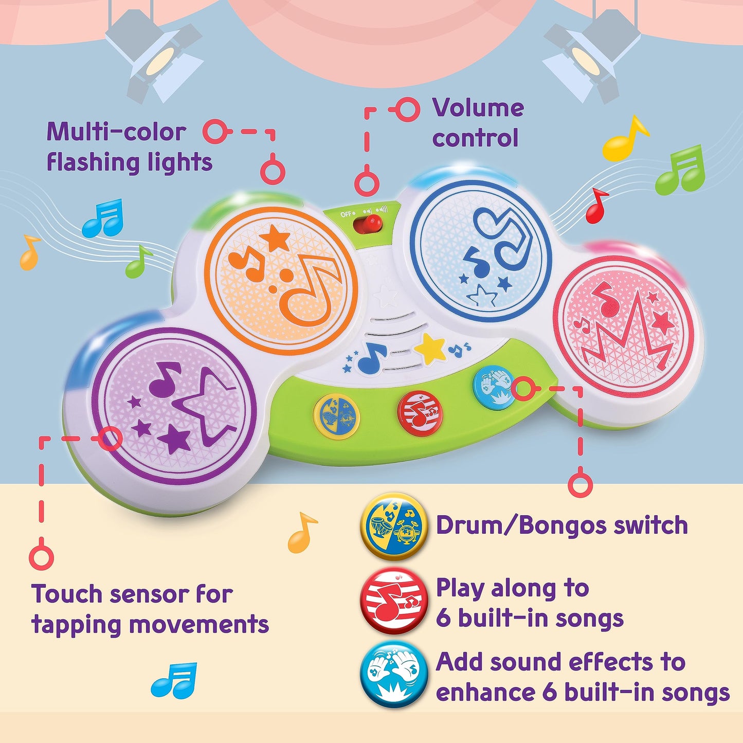 HAP-P-KID Magic Touch Drum, Toddler Light Up Music Bongos Toy, Infant Touch Sensor Musical Instrument Baby Drum, Birthday for 9 12 18 24 Month, 1 2 3 Year Old Boys Girls