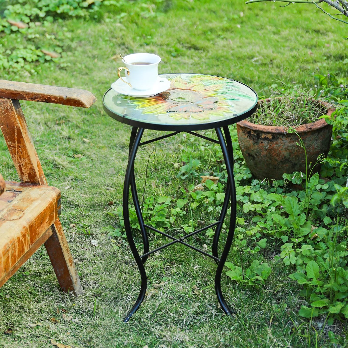 VCUTEKA Patio Side Table Outdoor Accent Table Bistro Coffee Table Plant End Table Small Porch Table Indoor Round Glass Balcony Plant Table Stands Sunflower 14''