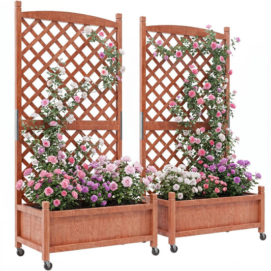 ActiveTrail 2 PCS Raised Garden Bed with Trellis, 61.5" Wooden Planter Box Outdoor with Drainage Holes and Locking Wheels, Privacy Planters for Patio, Climbing Plants, Vegetables, Balcony & Yard
