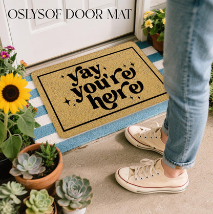 OSLYSOF Funny Welcome Door Mat, Yay You're Here Doormat for Front Door Indoor Outdoor Porch Entrance Entryway, Funny Welcome Mat Outside, 17x30 Inches
