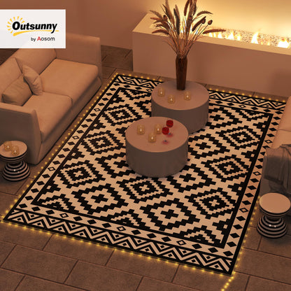 Outsunny Reversible Outdoor Rug Carpet, 12' x 9' Waterproof PP Plastic Straw Rug, Portable RV Camping Mat with LED String Lights, Floor Mat Area, Black and White