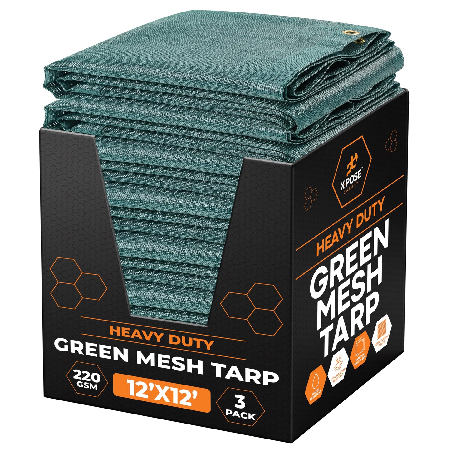 Xpose Safety Heavy Duty Green Mesh Tarp 12' x 12' (3-Pack) – 70% Sunblock Shade Cloth with Grommets for Garden, Fence, Privacy Screen, Canopies, Dump Trucks, Pool Cover – Tear & Weather Resistant