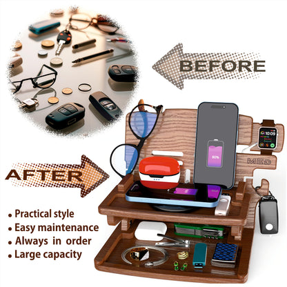 MED Wood Phone Docking Station for Men - Desk or Nightstand Organizer - Birthday Gifts for Husband, Dad - Anniversary Idea from Wife - Key Holder, Stand Wallet, Watch & Essentials (Dark Walnut)