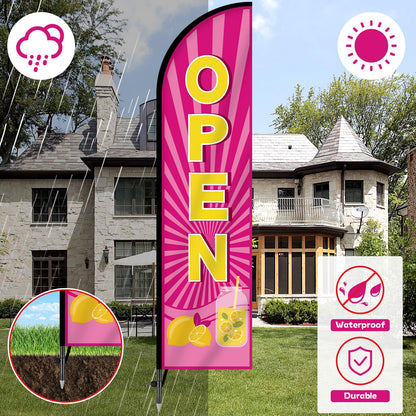 2 Sets Lemonade Feather Flag for Business Advertising 11 FT Summer Lemonade Swooper Flag Sign with Pole Ground Stake Portable Bag Windless Welcome Open Banner for Outside Garden Business Store (Pink)