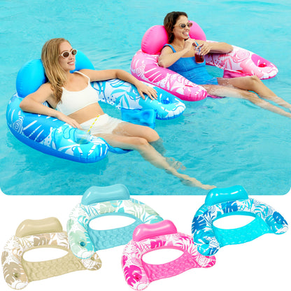 SLOOSH Inflatable Pool Floats Adult, 4 Pack Pool Chairs with Cup Holders,Blow up Floats Chair,Hammock Noodle Mat Leaves Design for Summer Water Fun Swimming Party Beach,Blue, Cyan, Pink, Champagne