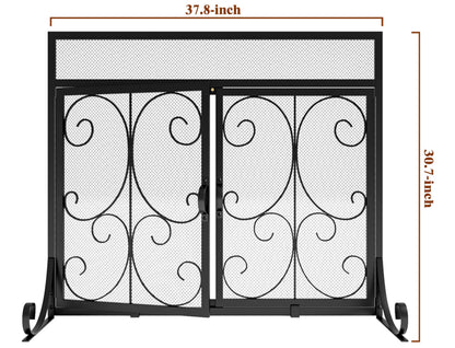 Calidola Large Flat Fireplace Screen with Doors, Wrought Iron Frame with Metal Mesh, Flat Panel Decorative Fireplace Screen with Scroll Design, Free Standing Spark Guard,Black