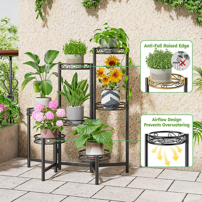 NQW 7 Tier Large Metal Plant Stand Indoor Outdoor with 7.9 Inch Wide Tray, Tiered Corner Plant Stand, Flower Display Holder Shelf, Folding Tall Rack for Patio Porch Balcony Living Room Garden - BlackWave