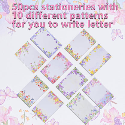AUSTARK 160 Pieces Stationery Set (50 Pieces Stationery Paper 8.25 x 5.5 Inch, 50 Pieces Envelopes, 60 Sealed Stickers) for Letter Writing (Floral No-underline)