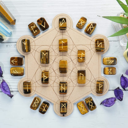 Crocon Tiger Eye Rectangle Shape Gemstone Runes with Elder Futhark Alphabet Engraved 25 pcs Rune Set Crystal Divination Metaphysical Healing Chakra Reiki Runes Set with a Pouch Size : 20-25mm