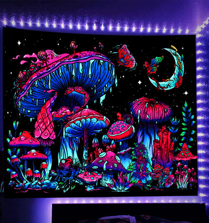TUGCAY Blacklight Mushroom Tapestry, Glow In The Dark Tapestry Black Light Plant Fantasy UV Reactive Mushroom Butterfly Moon Tapestries Posters Wall Hanging for Bedroom Dorm Decor(50"x60")