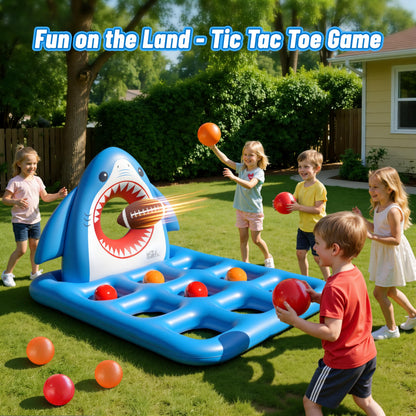 JOSEN Inflatable Pool Toy Set, Fun 2-in-1 Shark Pool Water Games Floating, Giant Tic Tac Toe Game with 10 Balls & Football - Family Pool Party Swimming Toys for Kids Ages 6+ Adults Teens