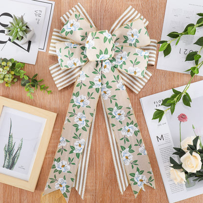 Whaline 2 Pack Spring Flower Wreath Bow Magnolia Floral Rustic Burlap Wired Edge Bow 11 x 21 Inch Large Spring Summer Farmhouse Wreath Bows Decor for Indoor Outdoor Wall Home Party Decoration
