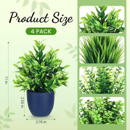 Der Rose 4 Pack Fake Plants Small Artificial Plants in Blue Pots Faux Plants Indoor for Home Kitchen Table Blue Bathroom Decor Accessories
