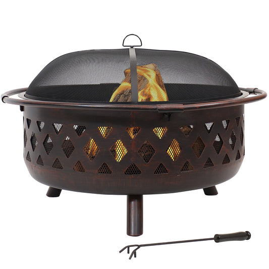 Sunnydaze Crossweave Outdoor Fire Pit - Wood-Burning Fire Pit for Outside with Spark Screen, Poker and Round Cover - 36-Inch - Bronze