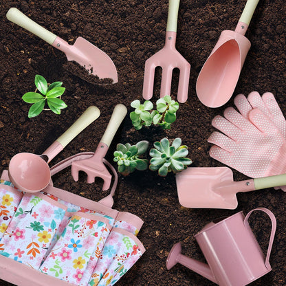 Qtioucp Kids Gardening Set 14Pcs Garden Tools with Tote Bag,Watering Can, Shovel, Apron, Garden Book and More Educational STEM Learning Outdoor for Toddlers Boys Girls (Floral)