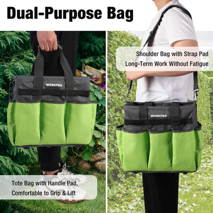 WORKPRO Garden Tool Bag Organizer, Heavy Duty Gardening Tote Bag with 10 Pockets and Long Adjustable Shoulder Strap, Standable Garden Home Tool Kits Organizer, Green (Tools are not Included)