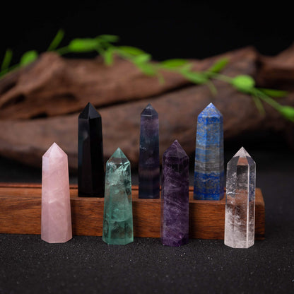 Luckeeper 7 PCS Healing Crystal Wands | 2" Amethyst, Rose Quartz,Clear Quartz,Black Obsidian,Green Fluorite, Lapis Lazuli,Rainbow Fluorite| 6 Faceted Reiki Chakra Meditation Therapy