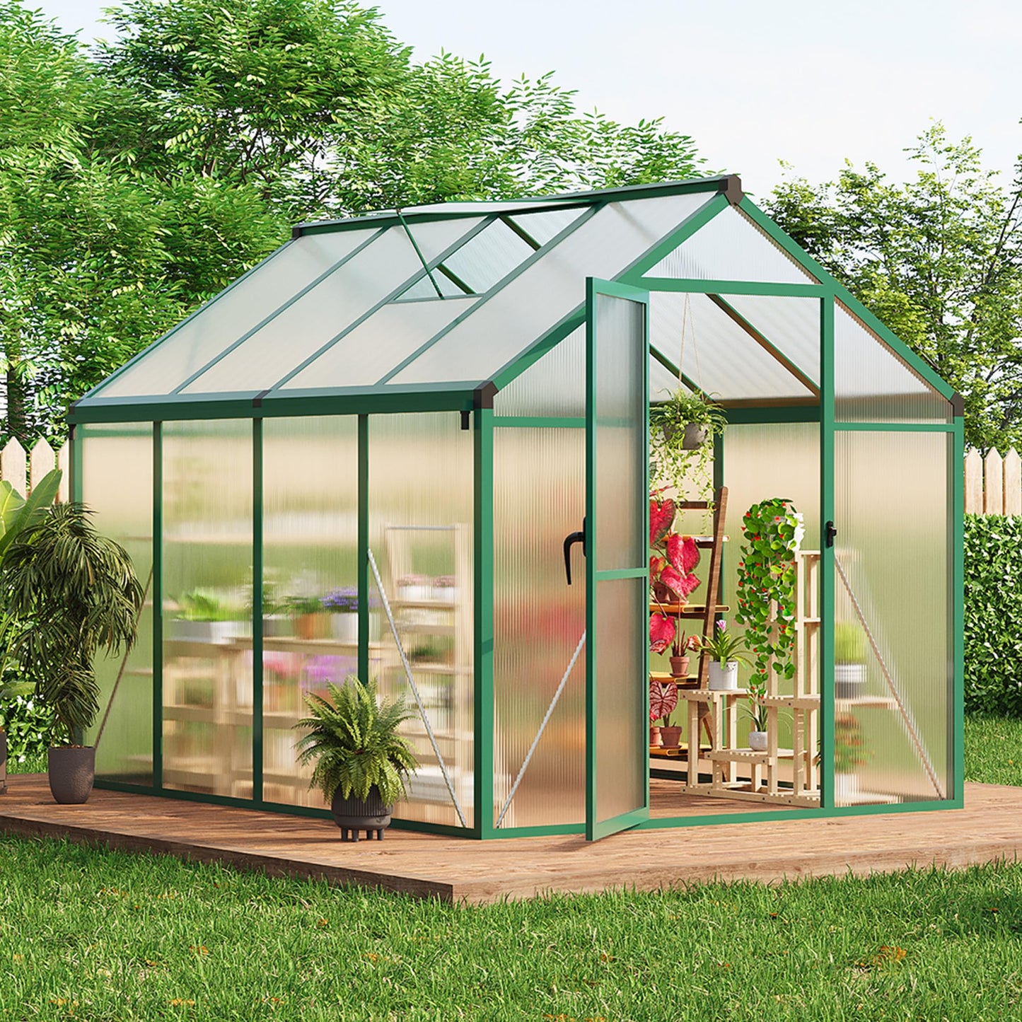 6X8Ft Polycarbonate Greenhouse Sunroom with Aluminum Frame, Outdoor Greenhouse for Vegetables Herbs Flowers, Lockable Door & Adjustable Roof Vent, Patio Backyard Greenhouse Kit for Gardening Green
