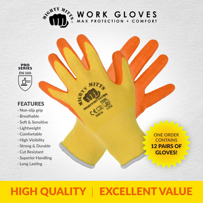 Cut-Resistant Work Gloves with Latex Grip (12 Pack) – Durable Safety Gloves for Construction, Landscaping, Gardening & Warehouse Work - Medium - Mighty Mitts Safety Work Gloves
