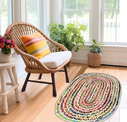 COTTON CRAFT Jute Chindi Braid Rag Rug - Boho Farmhouse Rustic Area Accent Throw Rug - Handwoven Reversible Natural Recycled Cotton- Living Room Den Study Home Décor Gift - 2' x 3' Oval - Multi Color