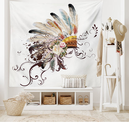 Ambesonne Feather Tapestry, Floral Arrangements Head Wear Flowers Swirls Shapes, Wide Wall Hanging for Bedroom Living Room Dorm, 60" X 40", Cream Ivory