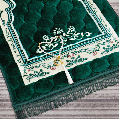 YAZEIN Muslim Prayer Rug with Tasbih Prayer Beads, Soft Large Prayer Matt Islam, Padded Islamic Prayer Mat Thick for Men and Women, Janamaz, Sajadah (31.5" x 47.2", Green)