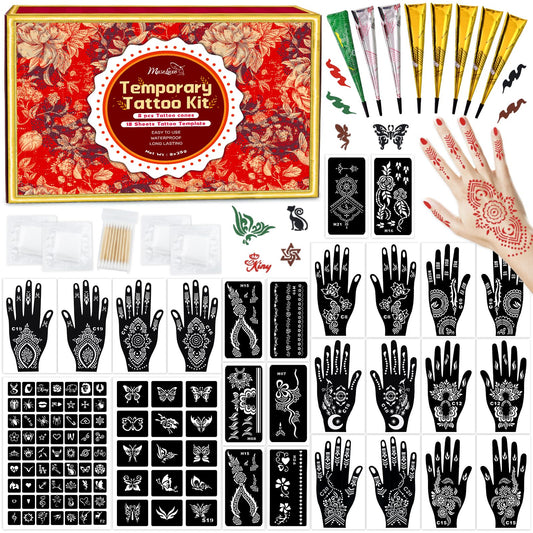 MuseLuxe Temporary Tattoos Stencils Kit,Temporary Tattoos Kit - 8 Pcs 4 Color(Brown,Black,Cherry red,Green), Ink with Gloves,DIY Body Art Painting for Women Men Adults Kids