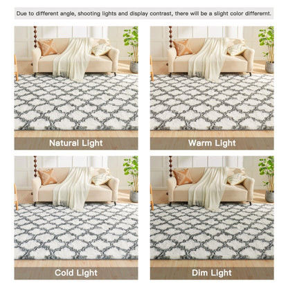 Litanika 4x6 Geometric Shag Area Rug for Bedroom, White and Grey High Pile Ultra Soft Plush Shaggy Furry Bedside Playroom Dorm Carpet, Non-Slip, Non-Shedding Indoor Floor Rug