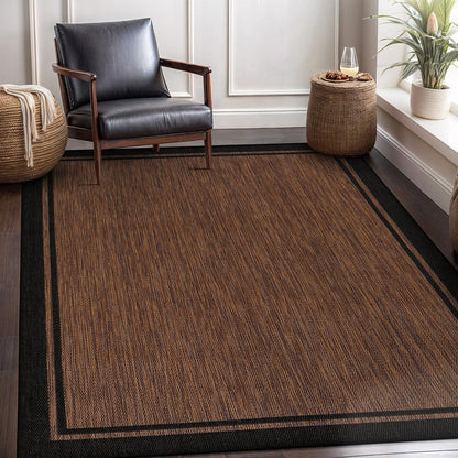 CAMILSON Indoor Outdoor Rug, 8x10 Bordered Nut Brown Black Modern Area Rugs for Indoor and Outdoor Patios, Kitchen and Hallway Mats, Washable Porch Deck Outside Carpet (Bordered Nut Brown, 8 x 10)