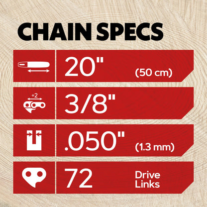 Oregon 3-Pack 3/8" LP Pitch, .050" (1.3mm) Gauge, Chainsaw Chain for 20" (50cm) Bar, 72 Drive Links – Full Chisel Replacement Saw Chain, Fits & Replaces Stihl & Husqvarna, Fits Jonsered, Echo and more