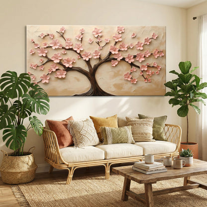 BirdSuite 3D Pink Cherry Blossom Tree Wall Art, Canvas Print Wall Decor for Living Room, Modern Floral Painting, Ready to Hang-58x29 Inches