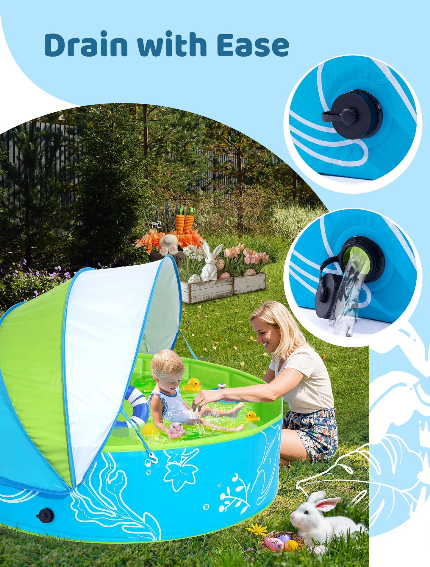Hikiddy Foldable Kiddie Pool with Canopy: 31.5in/ 47in /63in for Baby Toddler Kids Family - Summer Water Play Pool with Shade - Portable for Outdoor Backyard Beach (Blue-Green, 47in)