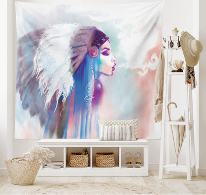 Ambesonne Tribal Tapestry, Girl Smoking Traditional Clothes Abstract Watercolor Background Illustration, Wide Wall Hanging for Bedroom Living Room Dorm, 60" X 40", Multicolor Purple