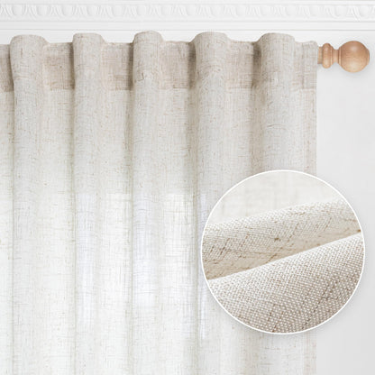 MYSKY HOME Linen Curtains for Living Room, Natural Semi Sheer Curtains & Drapes 84 inches Length 2 Panels Set Farmhouse Country Boho Style Back Tab Draperies for Sliding Glass Door, 50" Wide, Linen