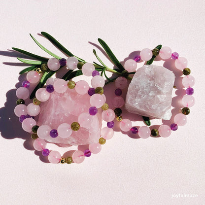Joyfulmuze Rose Quartz Amethyst Peridot Stretch Bracelet, Natural Energy Crystal Stone Beads, Handmade Gift for Women Men, (Amethyst-Rose Quartz-Peridot)