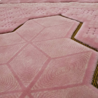 Modefa Turkish Islamic Velvet Prayer Rug - Thick & Wide Soft Praying Carpet for Men & Women - Double Plush Large Janamaz - Eid & Ramadan Gift - with Kufi, Beads & Car Hanger - Geometric Noor (Pink)