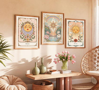 3pcs Sun And Moon Celestial Canvas wall art Tarot Astrology Paintings Pictures Wall Decor Boho Lotus Floral Posters Prints Artwork for Living Room Bedroom Dorm Apartment Home Decoration Unframed