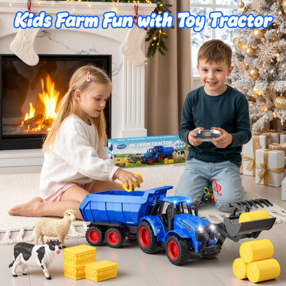 Funwee RC Tractor Toy Set with Light & Sound, Kids Farm Car Animal Trailer Wheels Remote Truck, Outdoor Vehicle Toys for 3-7+ Years Old Toddler Boy and Girl Gift(Blue)