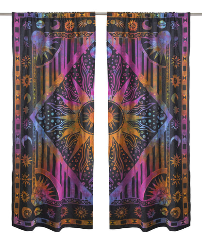 Popular Handicrafts Indian Burning Sun Hippie Mandala Window Curtains - Gypsy Tye Dye Bohemian Sun Moon Beautiful Drapery Bedroom Living Room Balcony Valance Panels Purple