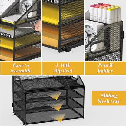 OrgMate Letter Tray Paper, 4 Tier Desk Organizer with Pen Holder and Handle Mesh File Organizer Paper Sorter Metal Desktop Document Shelf for Office Home Classroom -Black
