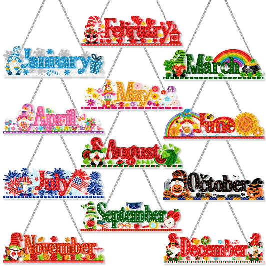 BreezeHug 12 Pcs Seasonal Diamond Art Wreath Kits Holiday 5d DIY Diamond Painting Signs Month Germ Hanging Art Ornaments Crystal Rhinestone Suncatcher for Wall Door Decorations(Gnomes)