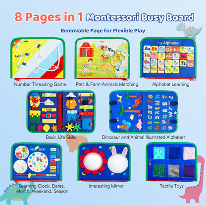 Tilhumt 8 in 1 Busy Book for Toddler 1-3, Montessori Boy Board with Storage Bag for Travel Quiet Learning Sensory Toys, Felt Busy Book for Baby Educational Gift Activities Fine Motor Skills