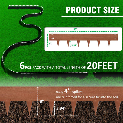 20ft (6-Pack) Cor-Ten Steel Landscape Edging – 40" x 8" Flexible Pre-Applied Rust Patina Garden Border